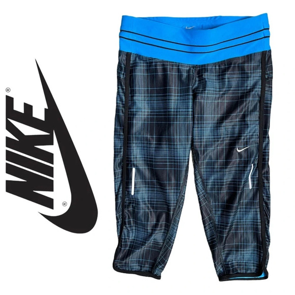 🛍️3/$40 Nike Running  Capri Dri Fit Plaid Capri Blue Size XS - Picture 1 of 6